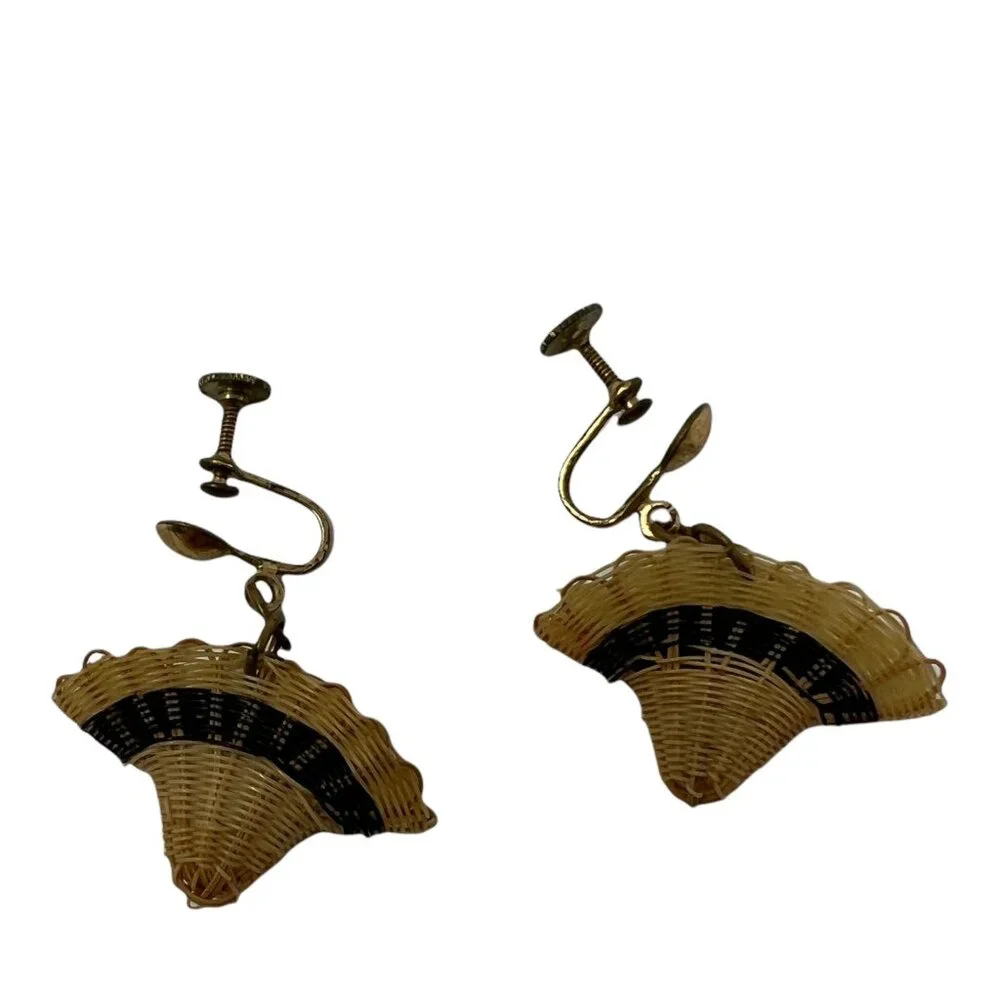 Hat Earrings Rattan Vintage Gold Tone Screw Back Tan‎
